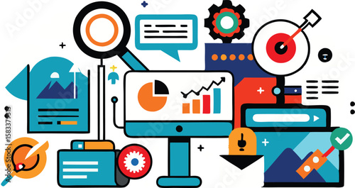A collection of dynamic illustrations representing Search Engine Optimization (SEO), featuring magnifying glasses, web elements, and graphs to convey digital marketing strategies and online visibility