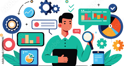 A collection of dynamic illustrations representing Search Engine Optimization (SEO), featuring magnifying glasses, web elements, and graphs to convey digital marketing strategies and online visibility