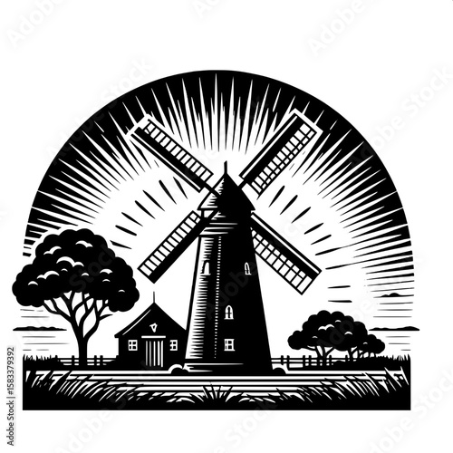Black and White Vector Silhouette of a Windmill in Field