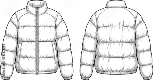 Winter puffer jacket front and back CAD drawing, technical flat sketch, vector fashion template 