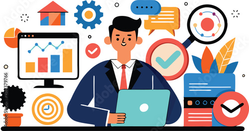A collection of dynamic illustrations representing Search Engine Optimization (SEO), featuring magnifying glasses, web elements, and graphs to convey digital marketing strategies and online visibility
