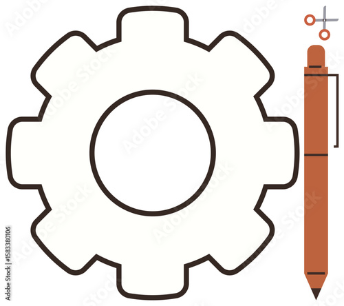 Gear outline and pen symbolizing innovation, teamwork, problem-solving, and design. Ideal for workflow, engineering, creativity, education, process management team strategy simple flat metaphor