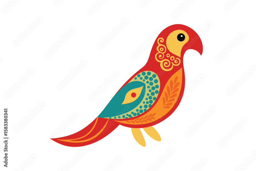Fototapeta premium Parrot with embroidered style paisley pattern ornate avian vector art illustration