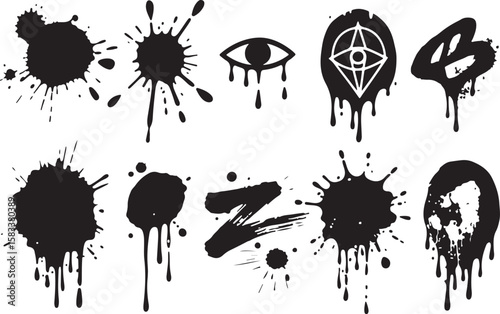 Collection of black ink splatter and drip graphics with mysterious symbols and eye isolated on transparent background