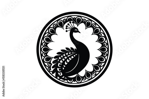 Peacock tail in ornamental circle vibrant avian vector art illustration