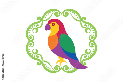 Rainbow toned parrot with multilayer paisley frame vibrant avian vector art illustration