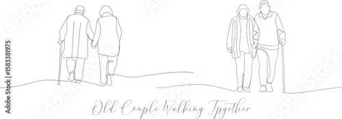 Old Couple Walking Together Continuous One Line Drawing