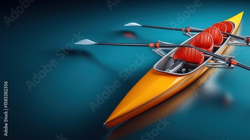 Modern four seat yellow rowing boat with oars on blue water for team sports concepts.
