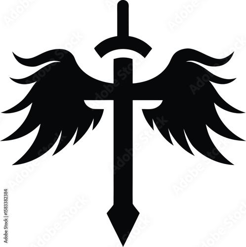 Vector cross with wings, a golden symbol of faith and spirituality, radiating holy light