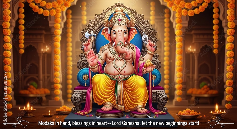 Fototapeta premium illustration of Lord Ganpati for Ganesh Chaturthi festival of India, Ganesh chaturthi for greeting,card, poster background.