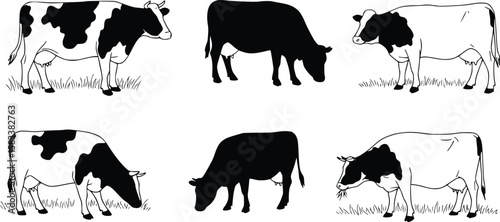 Silhouette illustration of six cows feeding on grass in different grazing positions in a rural setting