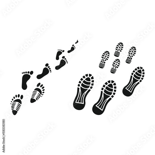 Bare footprints and shoe prints walking tracks