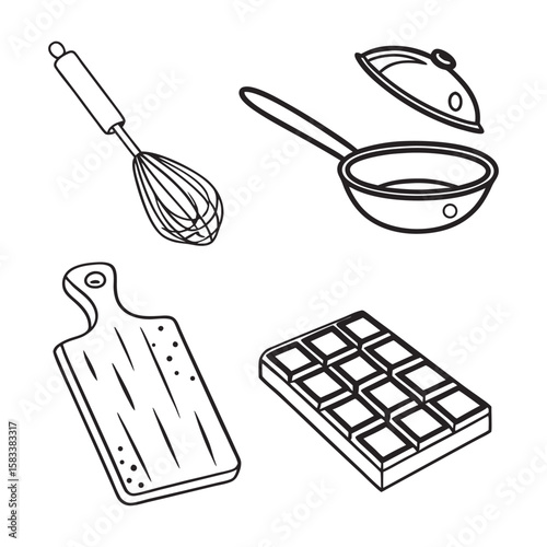 Whisk pan cutting board chocolate bar kitchenware cooking