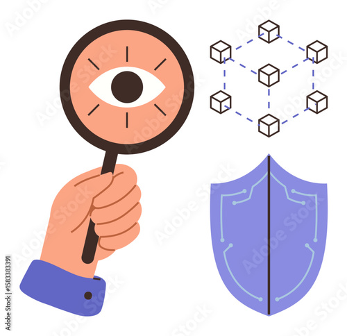 Magnifying glass with an eye for analysis, shield for cybersecurity, and interconnected cubes for blockchain. Ideal for technology, safety, innovation, research, blockchain, privacy protection