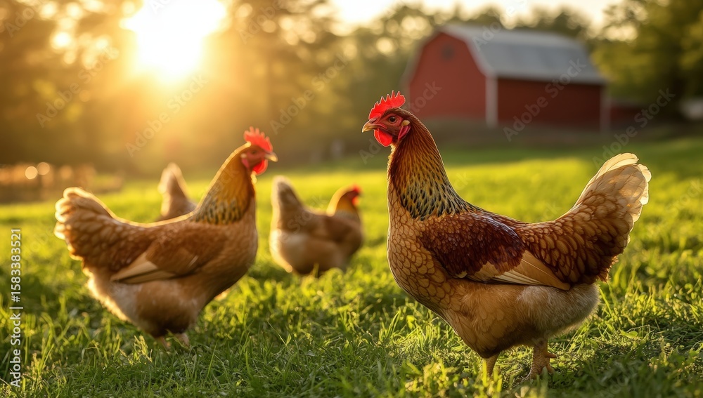 Fototapeta premium Chickens Roaming Freely in Sunlit Farmyard with Red Barn in Background Surrounded by Lush Green Grass and Golden Sunset Glow