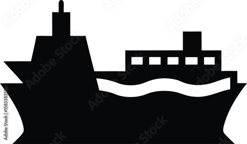 Black vector silhouette of industrial cargo ship and city factory buildings on the sea