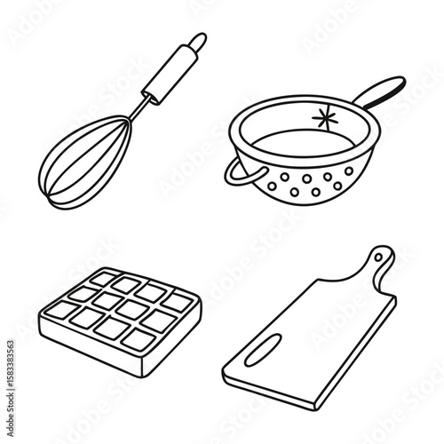 Whisk colander waffle iron cutting board kitchenware