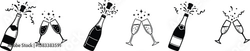 Champagne glasses with sparkling bubbles in black and white festive style