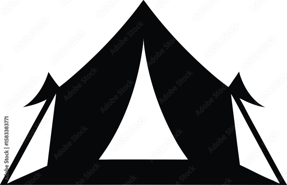 Fototapeta premium A black and white vector silhouette of a sailing tent, like a pyramid boat on the water, creates an iconic travel design