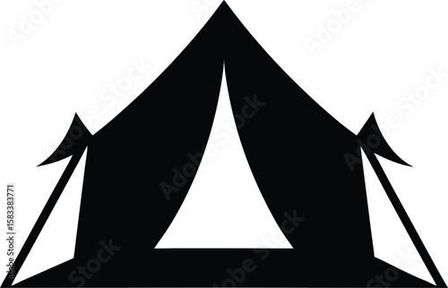A black and white vector silhouette of a sailing tent, like a pyramid boat on the water, creates an iconic travel design
