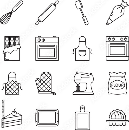 Baking tools and ingredients icons whisk rolling pin