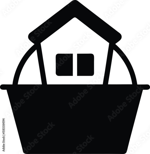 Black trash bin, shopping basket, and recycle bin vector icons for home or business design illustration