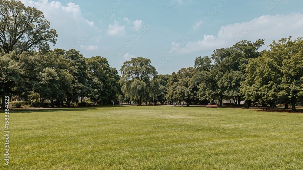 Naklejka premium Vibrant green lawn surrounded by trees and parkland