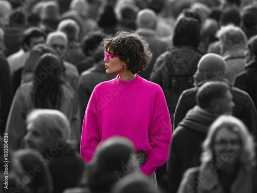 A standout figure in a cerise sweater amidst a crowd of monochrome individuals , symbolizing uniqueness .