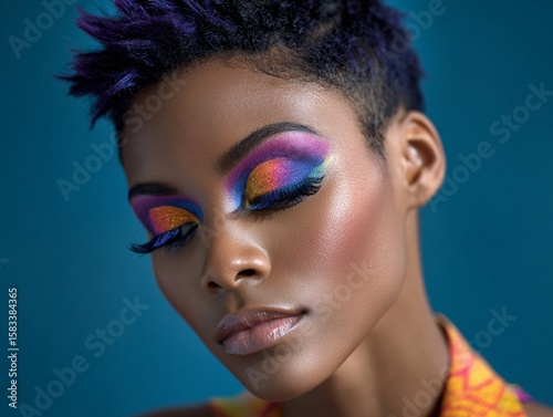 Vivacious and colorful makeup highlighting bold eye shadows with a focus on intense , artistic expression .