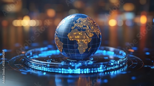 Illuminated globe atop glowing, circular tech base