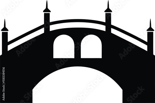 Ancient European stone arch bridge silhouette, a historic city landmark with a mosque gate, under the travel sky