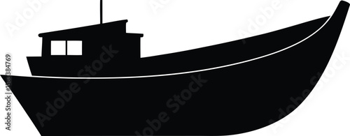 Black vector silhouette of a fishing boat on the sea, perfect for nautical illustrations and transportation designs