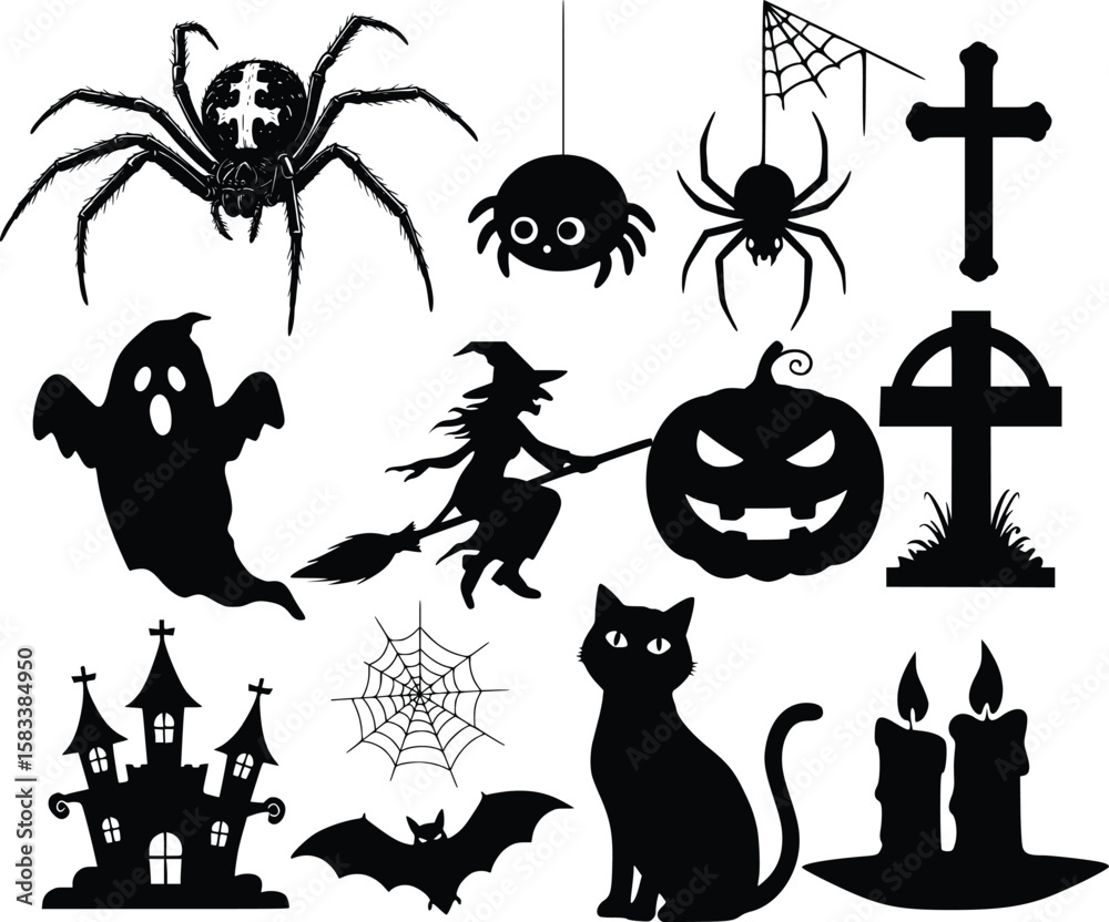 Fototapeta premium Halloween silhouette set featuring witch, ghost, haunted house, bat, spider, pumpkin, and creepy symbols