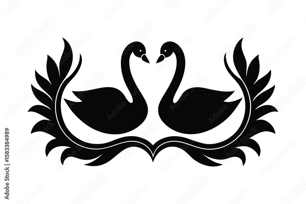 Obraz premium Twin swans in traditional border elegant avian vector art illustration