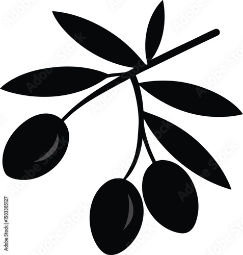 Vector illustration of an olive branch with green leaves and black olives, ideal for natural food and healthy oil designs