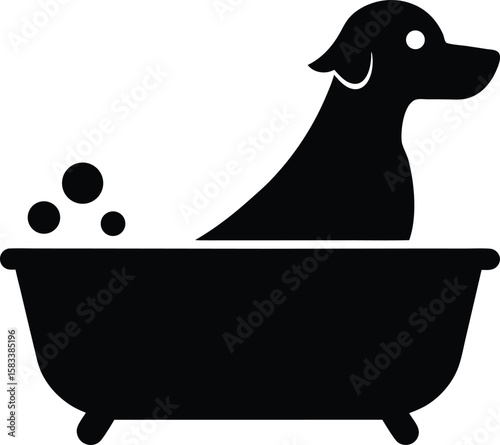 Cartoon illustration of a happy dog taking a fun bath in a tub with soap and bubbles