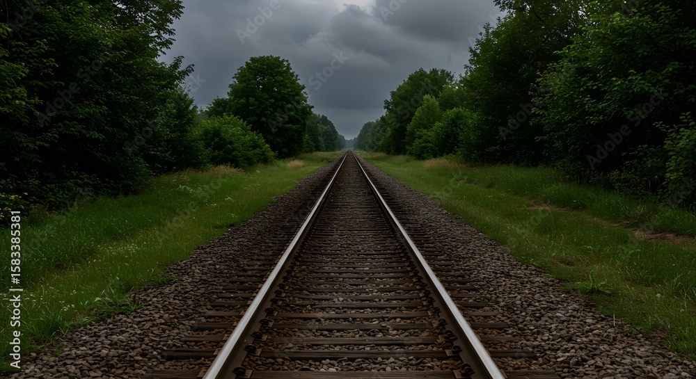 Obraz premium Railway Tracks Leading to Horizon Under Stormy Sky, Journey Through Nature and Perspective