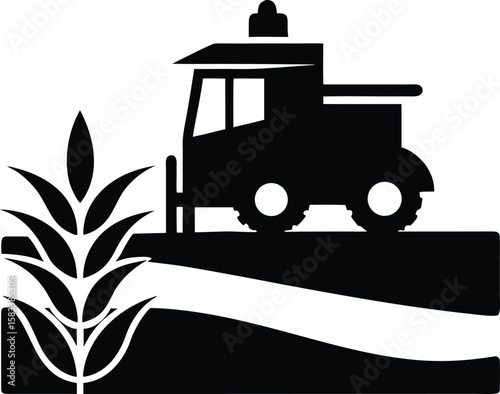 Vintage silhouette car and truck transport vector illustration set with combine harvester working on a wheat field