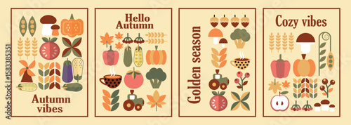Autumn geometric mosaic background bauhaus pattern. Modern figure, shape and autumn elements. Scandinavian. Minimalistic elements for design, contemporary natural organic harvest.