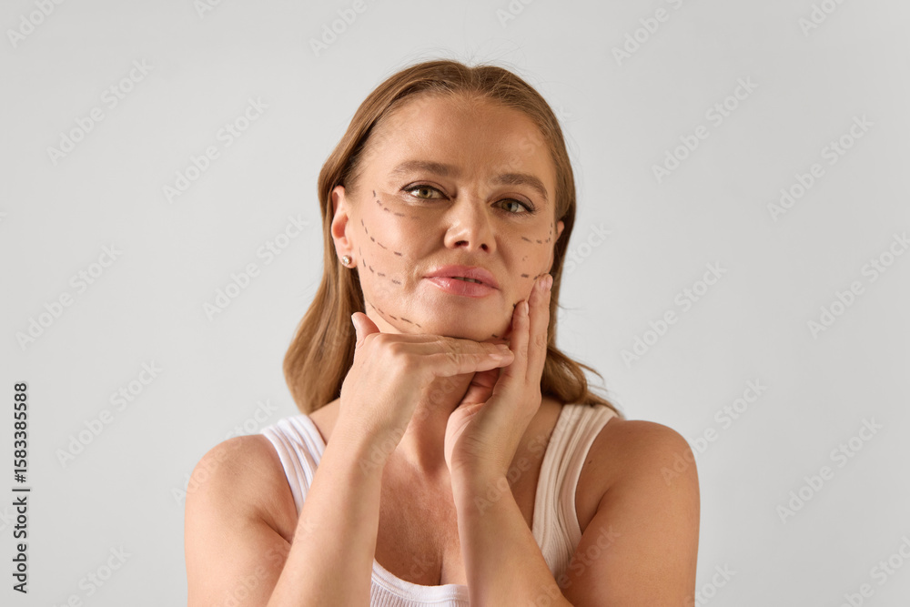 Confident older woman with aesthetic procedure markings posing with serious expression. Concept of dermatology, wellness branding, plastic surgery, beauty, and female health visuals. Confident older woman with aesthetic procedure markings posing with serious expression. Concept of dermatology, wellness branding, plastic surgery, beauty, and female health visuals.