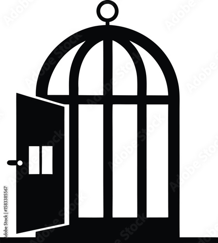 Antique, isolated gold metal birdcage with an open door and empty white background