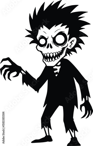 Walking cartoon zombie silhouette with gaunt face, spiky hair, sharp teeth, clawed hands, and ragged body
