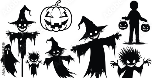 Halloween silhouettes including zombie hand, jack-o-lanterns, spooky cat, bare trees, and graveyard elements