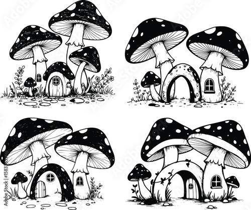 Whimsical black and white illustration of four polka-dotted mushroom houses in a magical forest setting
