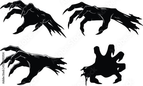 Zombie hands silhouette emerging from ground with claws and creepy horror atmosphere

