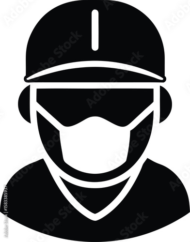 A cartoon vector illustration of a pirate skull in a black hat and helmet