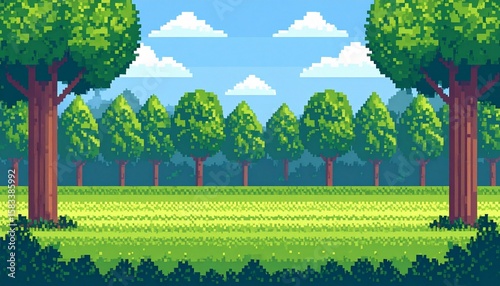 landscape with forest with cute cartoon pixelated