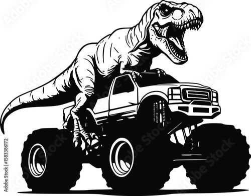 T-rex dinosaur silhouette on monster truck with large tires and aggressive stance