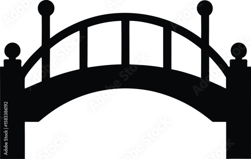 A vector silhouette of an old iron and steel arch bridge, a landmark structure over a river in a city like Paris, against the sky