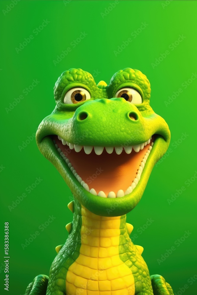 Fototapeta premium Smiling cartoon dinosaur on a vibrant green background.